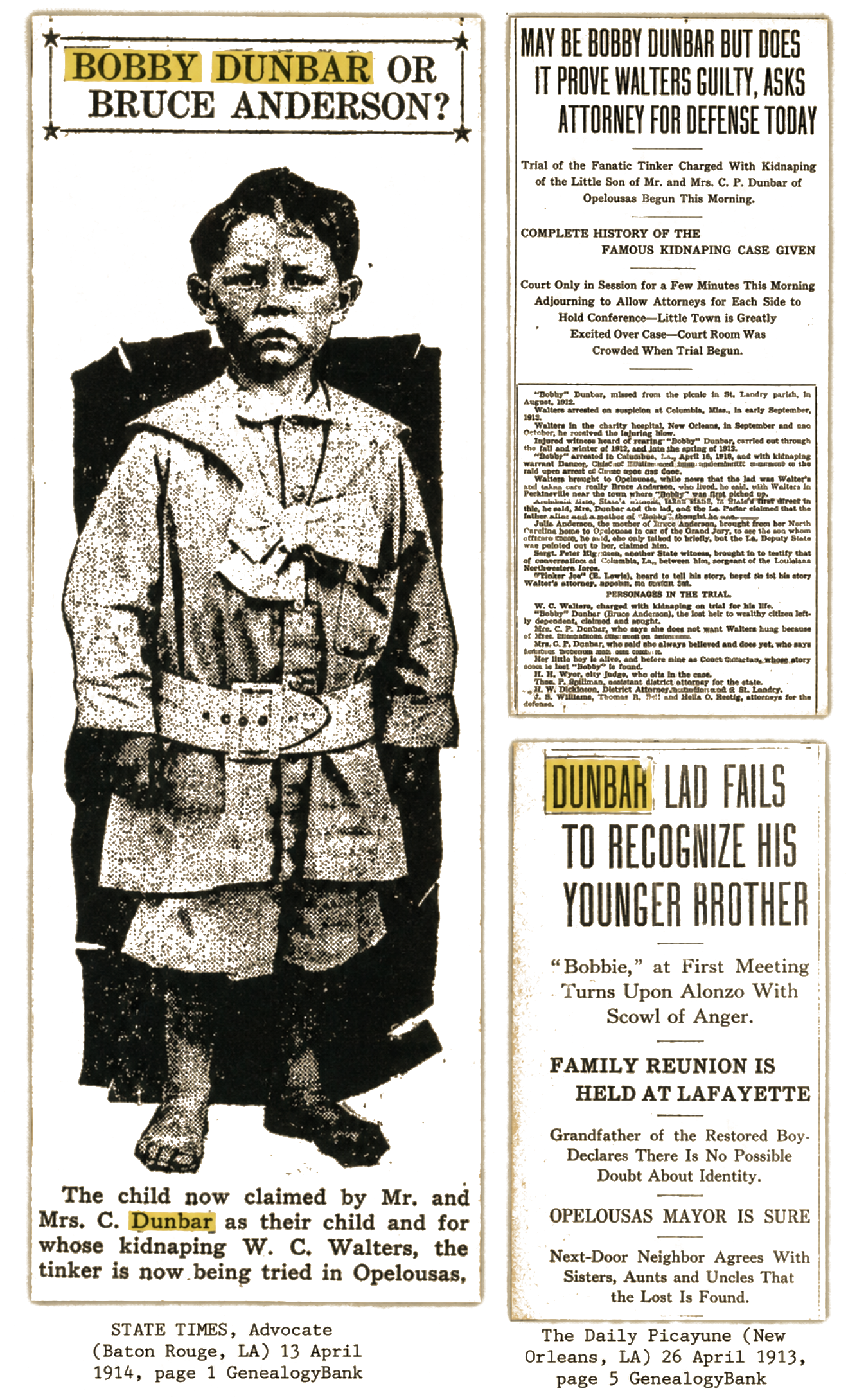 Newspaper collage about Bobby Dunbar and Bruce Anderson.