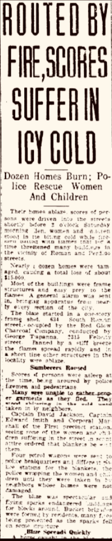 Newspaper clipping reading 'Routed by Fire, Scores Suffer in Icy Cold.'