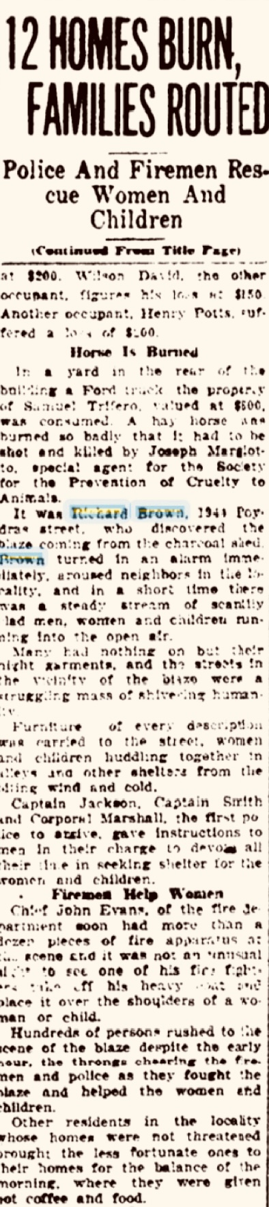 Newspaper clipping reading '12 Homes Burn, Families Routed.'