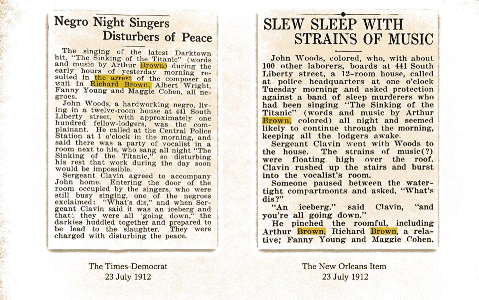 Two 1912 newspaper clippings about the 'Sinking of the Titanic' disturbance case naming Arthur and Richard Brown.