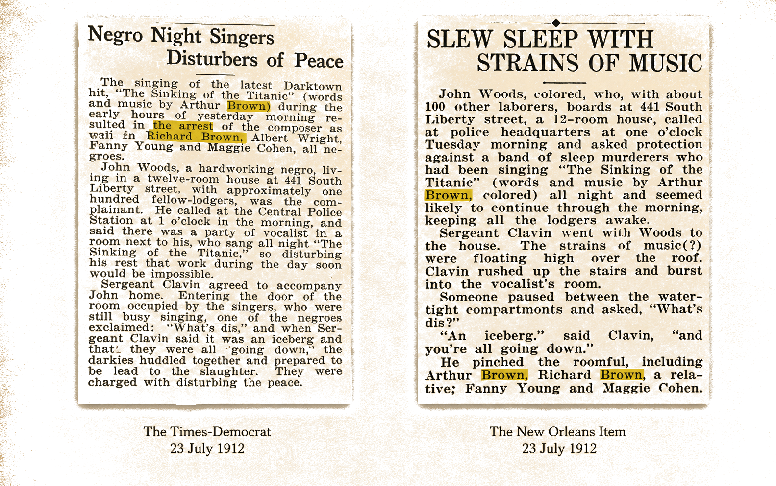 Two 1912 newspaper clippings about the 'Sinking of the Titanic' disturbance case naming Arthur and Richard Brown.