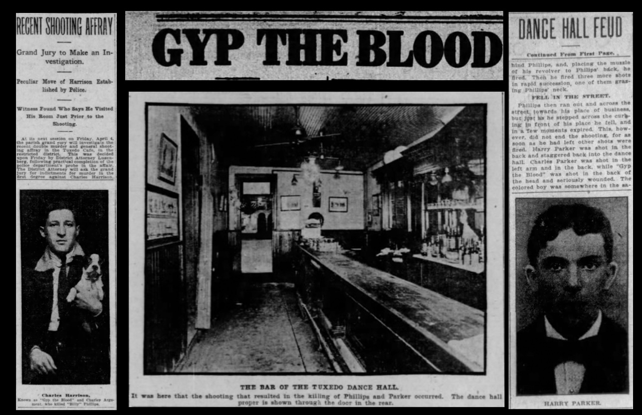 Newspaper collage related to 'Gyp the Blood,' the Tuxedo Dance Hall, and the shooting of Billy Phillips.