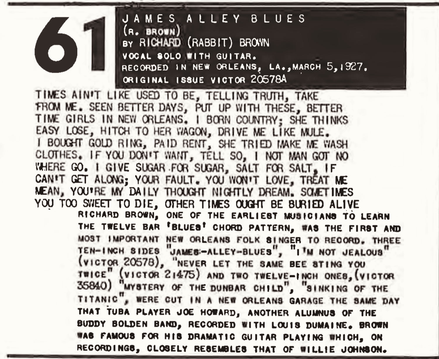 Panel for James Alley Blues with recording details and lyrics.