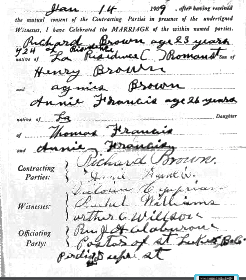 Marriage record for Richard Brown and Annie Francis.