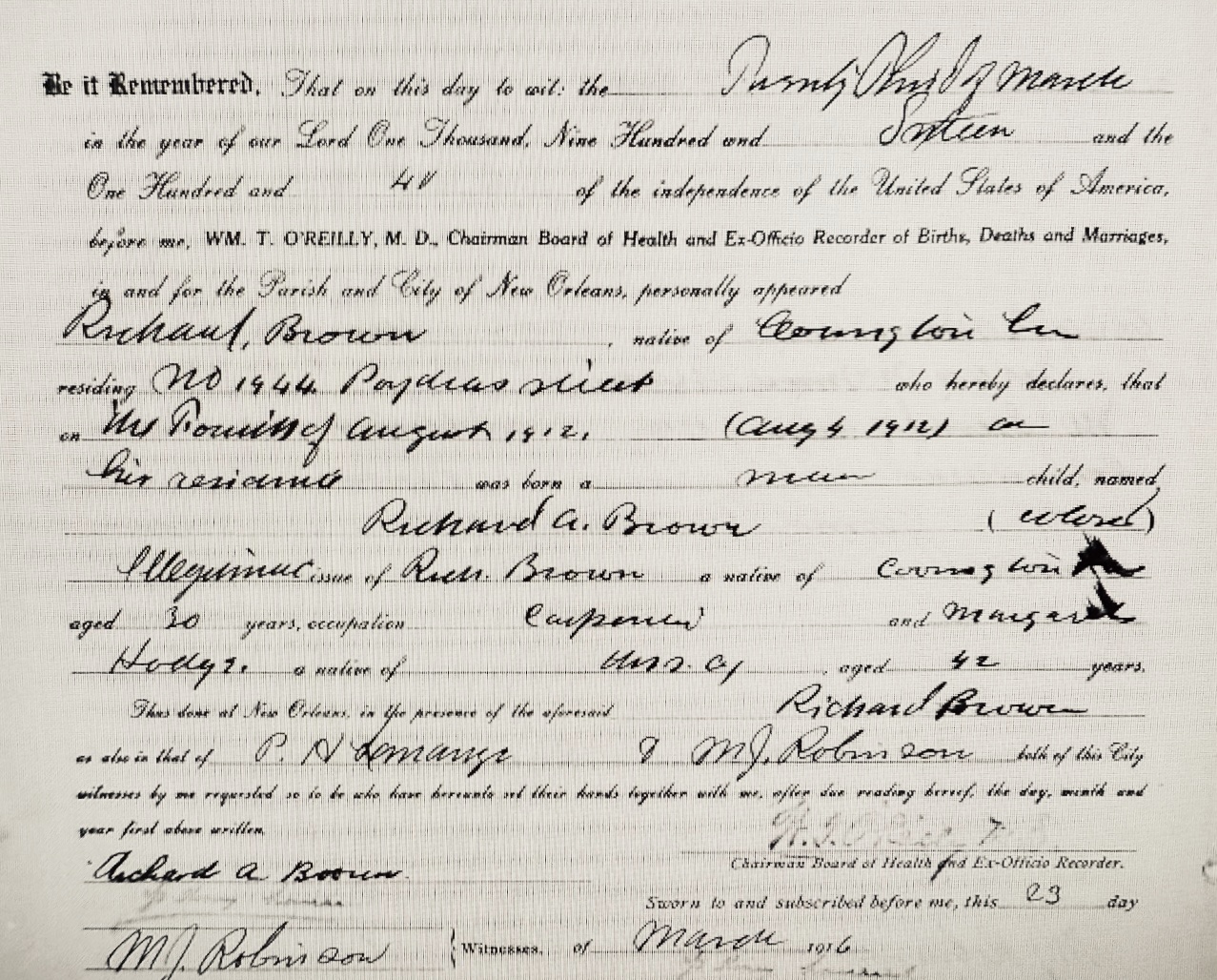 Birth record naming Richard Brown and Margaret Hodge as parents of Richard Brown Jr.