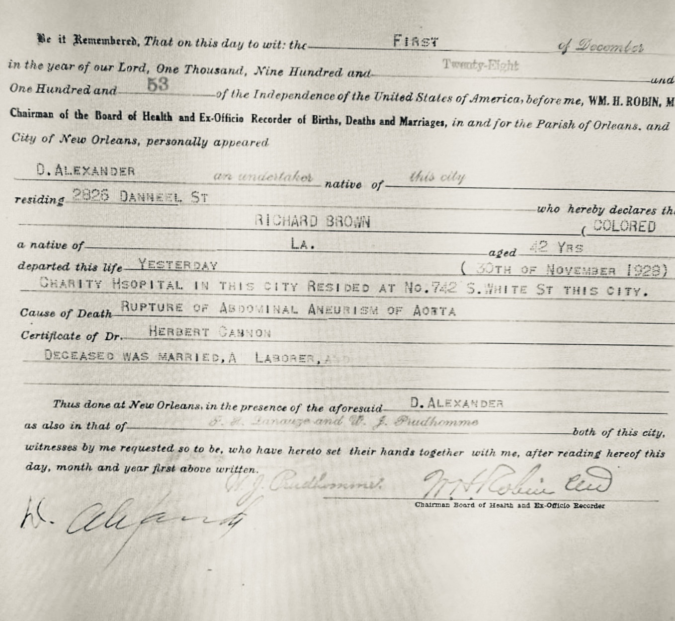 Richard Brown death certificate dated December 1, 1928