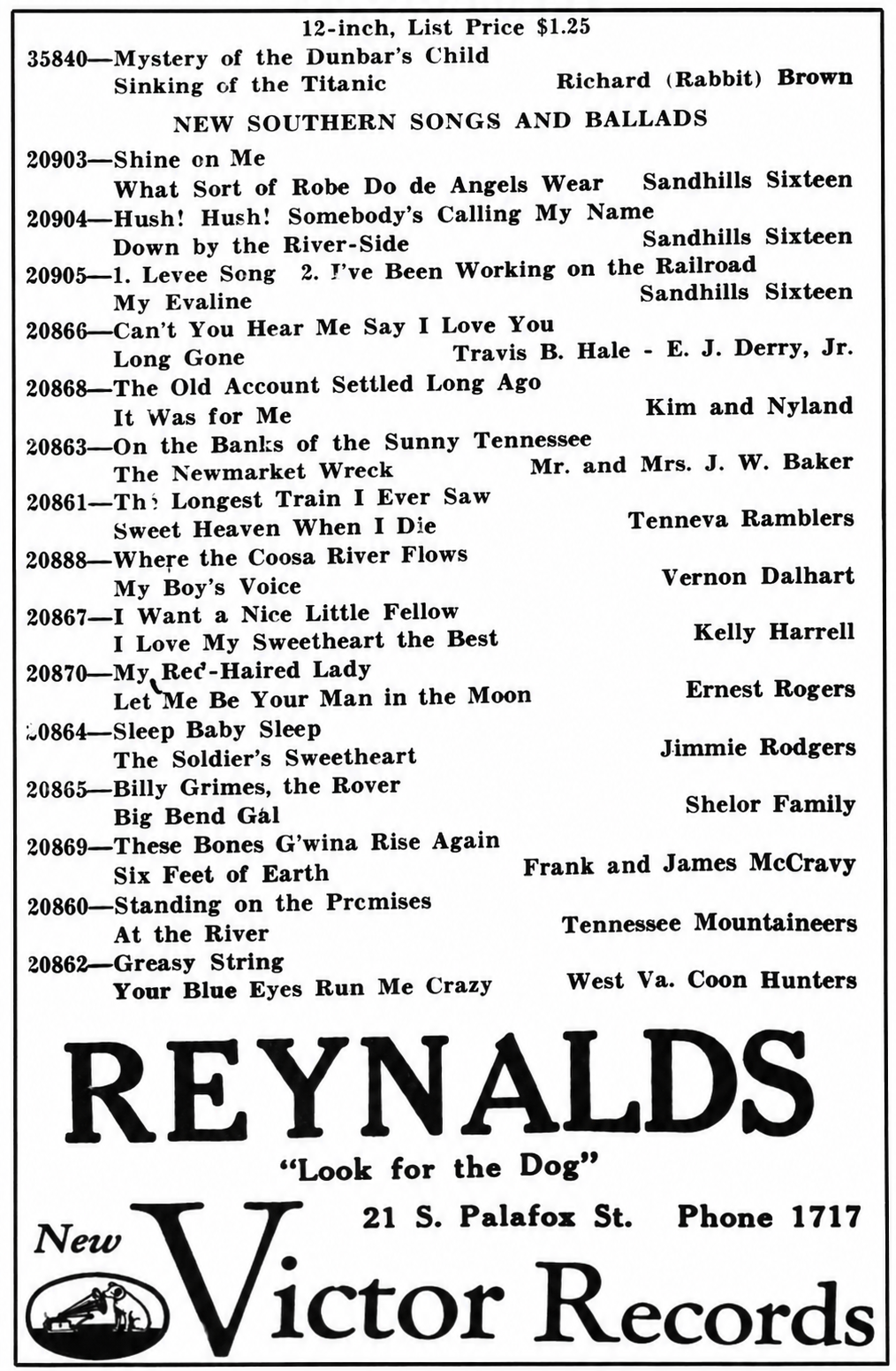 Victor advertisement listing Richard 'Rabbit' Brown and other Southern songs and ballads