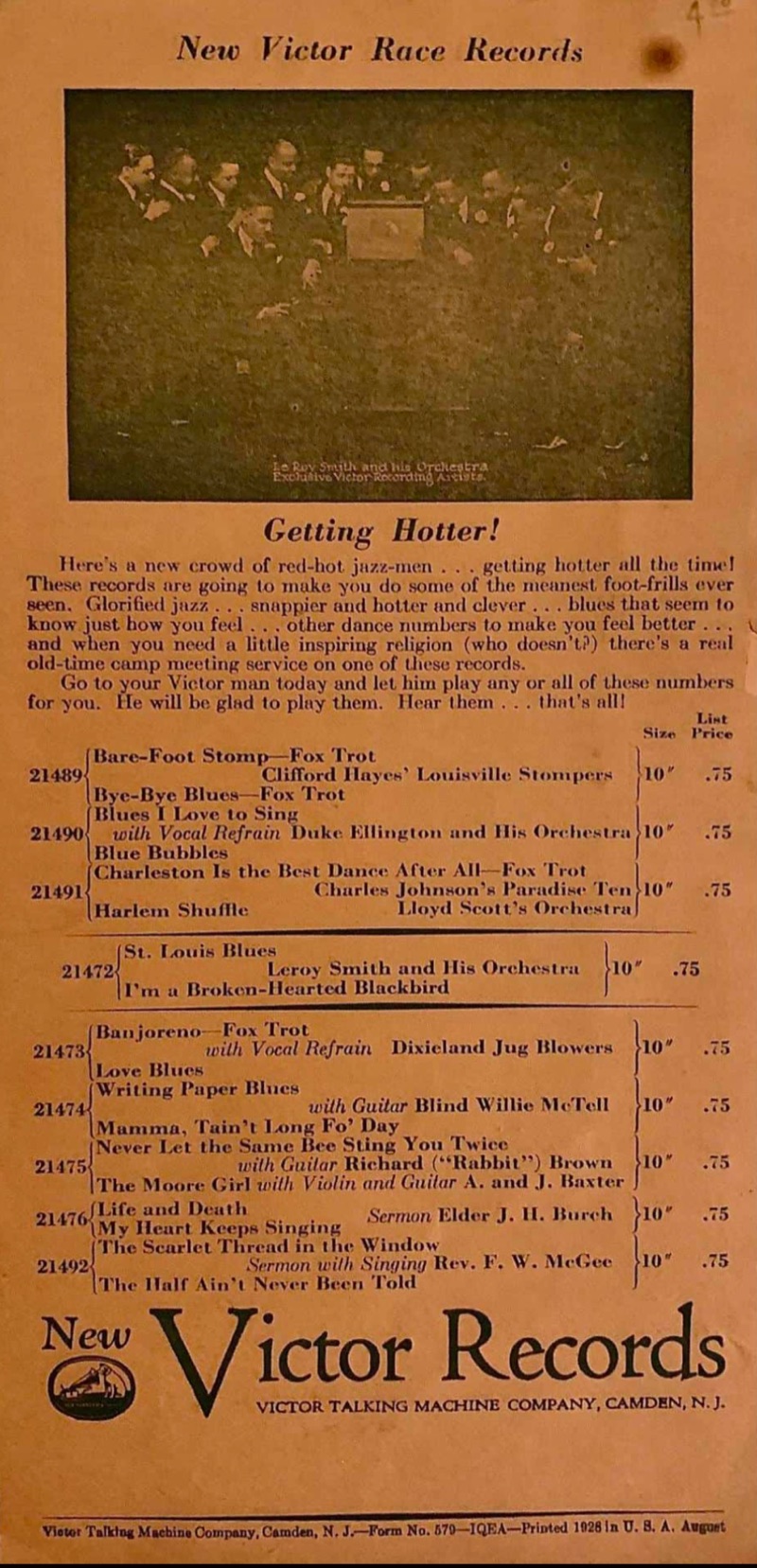 Victor Records advertisement listing Richard 'Rabbit' Brown