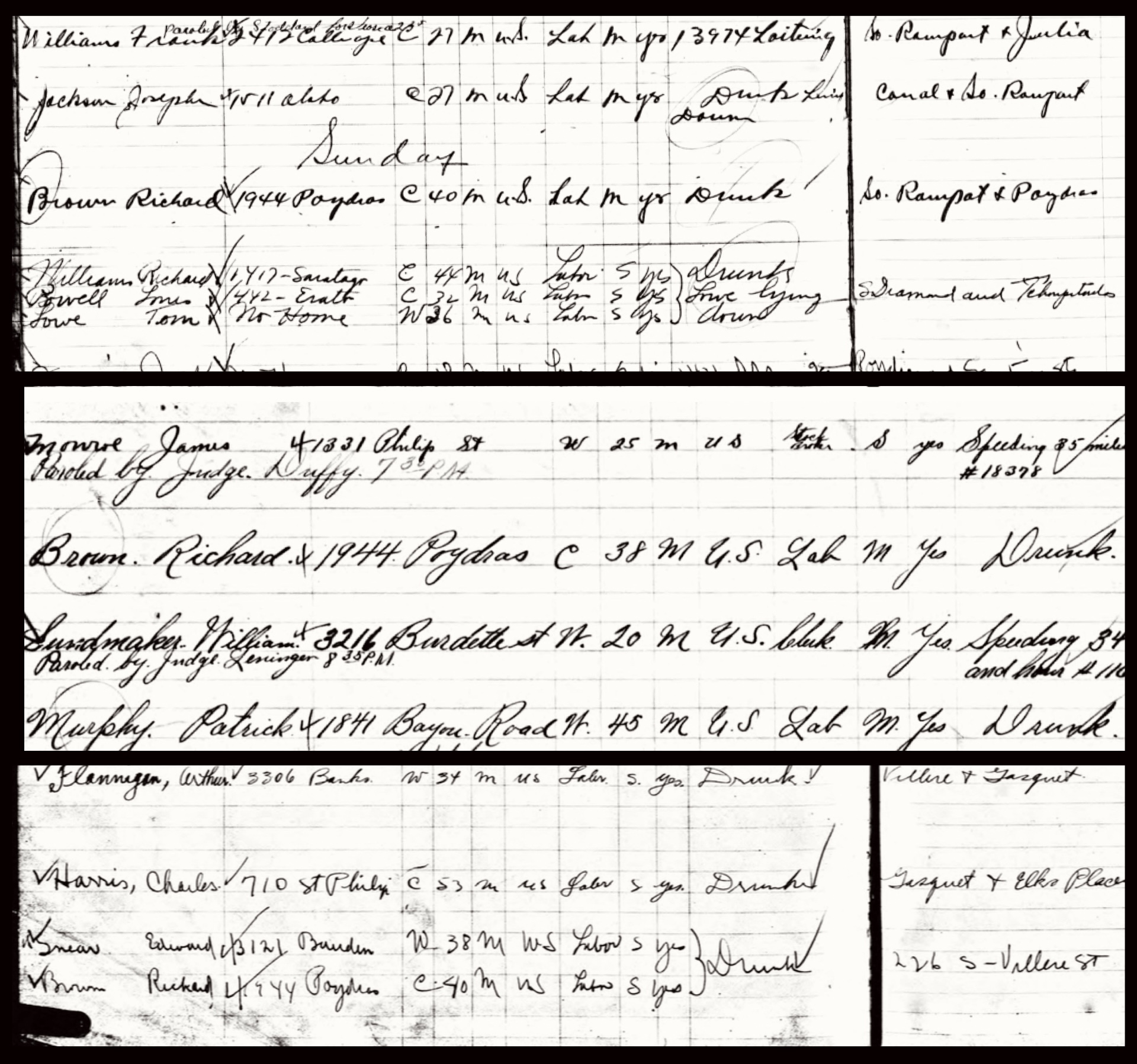 Arrest ledger excerpts showing Richard Brown drunk charges