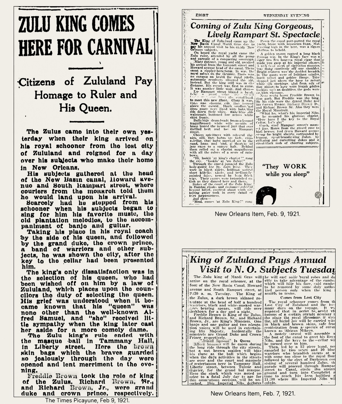 Newspaper collage about the 1921 Zulu parade and the Brown family.